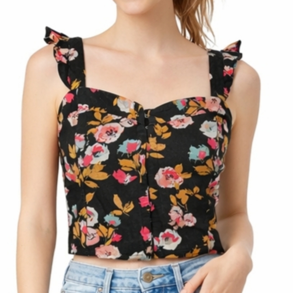 Abound Black Floral Cropped Top Size S Ruffles Feminine Coquette Girl Summer